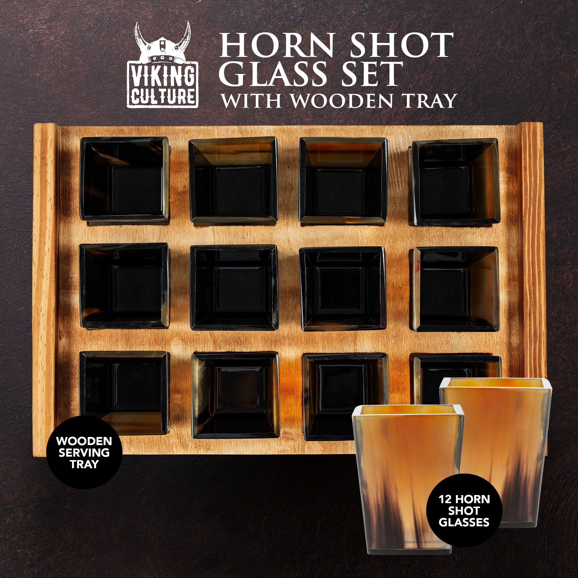 Viking Culture Horn Shot Glasses - Authentic Medieval and Nordic-Inspired Drinkware with Wooden Serving and Storage Tray - Handmade Drinking Set - Perfect for Parties, Collection and Gift - 12-Pack