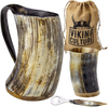 Viking Culture Ox Horn Mug, Shot Glass, and Bottle Opener (3 Pc. Set) Authentic 16-oz. Ale, Mead, and Beer Tankard | Vintage Stein with Handle | Natural Finish | Without Design
