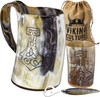 Viking Culture Ox Horn Mug, Shot Glass, and Bottle Opener (3 Pc. Set) 16-oz. Vintage Stein with Handle, Polished Finish Thors Hammer