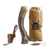 Viking Culture 16 oz. Viking Horn Mug with Beer Opener, Stand, Genuine Fur Belt Holster and Vintage Burlap Bag, Natural Finished