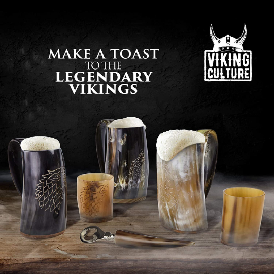 Viking Culture Ox Horn Mug, Shot Glass, and Bottle Opener (3 Pc. Set) Authentic 16-oz. Ale, Mead, and Beer Tankard | Vintage Stein with Handle | Natural Finish | Without Design