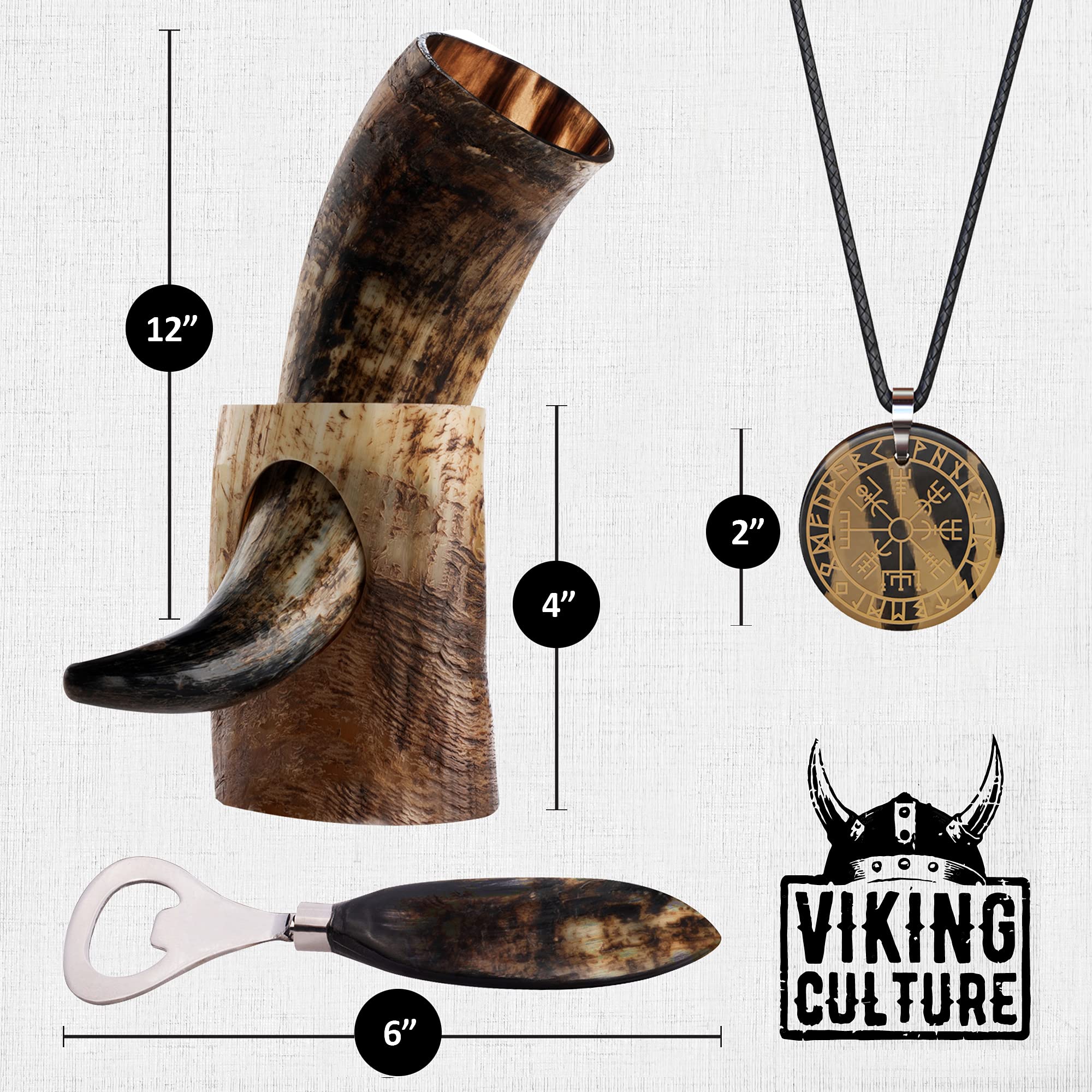 Viking Culture 12 oz. Viking Drinking Horn with Beer Opener, Stand, Viking Pendant and Vintage Burlap Bag, Natural Finished with Authentic Medieval Norse Style