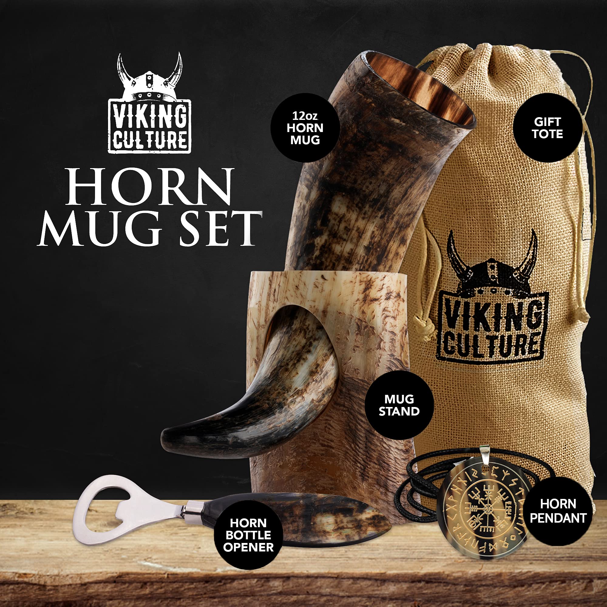 Viking Culture 12 oz. Viking Drinking Horn with Beer Opener, Stand, Viking Pendant and Vintage Burlap Bag, Natural Finished with Authentic Medieval Norse Style