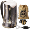 Viking Culture Ox Horn Mug, Norse Pendant, and Bottle Opener (3 Pc. Set) Authentic 32-oz. Ale, Mead, and Beer Tankard | Vintage Stein with Handle | - Polished Finish | The Ring