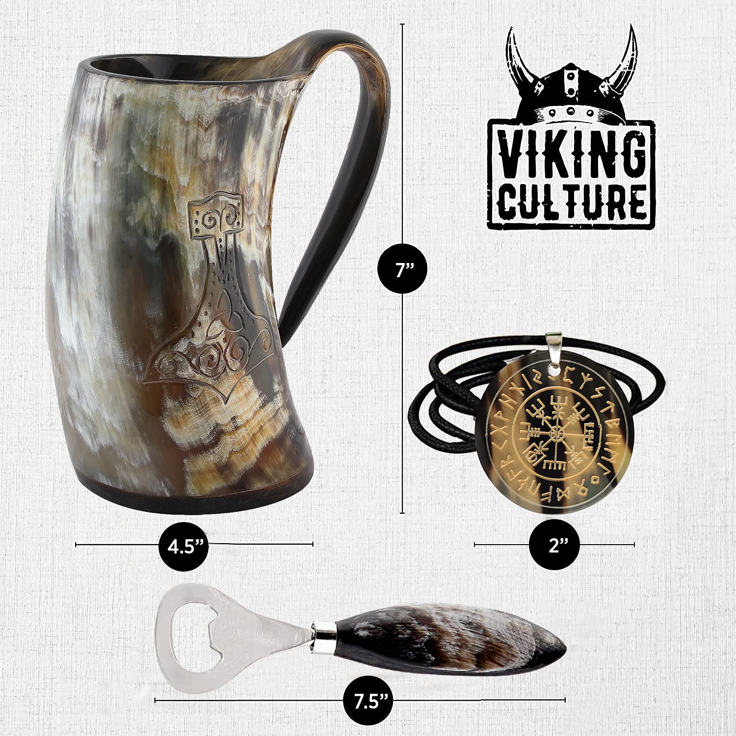 Viking Culture Ox Horn Mug, Norse Pendant, and Bottle Opener (3 Pc. Set) Authentic 32-oz. Ale, Mead, and Beer Tankard | Vintage Stein with Handle | - Polished Finish | Wolf/Fenrir
