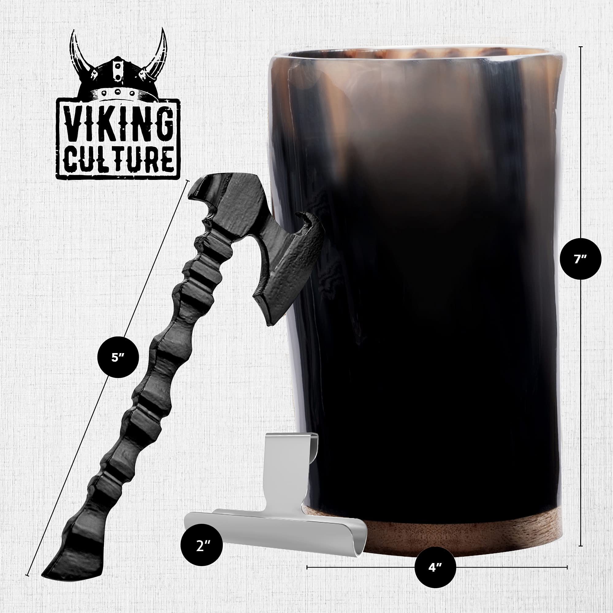 Viking Culture Horn Mead Cup - Nordic Inspired Drinking Vessel | Handmade Goblet for Wine Beer Ale - Safe and Unique Drink Tumbler Gift with Axe Bottle Opener, Cigar Holder and Burlap Bag