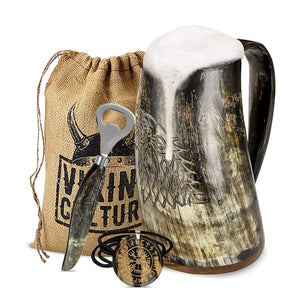 Viking Culture Ox Horn Mug, Norse Pendant, and Bottle Opener (3 Pc. Set) Authentic 32-oz. Ale, Mead, and Beer Tankard | Vintage Stein with Handle | - Natural Finish | Wolf/Fenrir