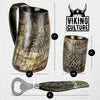 Viking Culture Ox Horn Mug, Shot Glass, and Bottle Opener (3 Pc. Set) Authentic 16-oz. Custom Intricate Design - Natural Finish