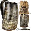 Viking Culture Ox Horn Mug, Shot Glass, and Bottle Opener (3 Pc. Set) Authentic 16-oz. Custom Intricate Design - Natural Finish