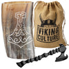 Viking Culture Horn Mead Cup - Authentic Medieval and Nordic-Inspired Drinking Vessel - Handmade Goblet for Wine, Beer, Ale - Safe and Unique Drink Tumbler Gift with Axe Bottle Opener and Burlap Bag - Polished Finish | Thors Hammer