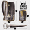 Viking Culture Ox Horn Mug, Shot Glass, and Bottle Opener (3 Pc. Set) 16-oz. Custom Intricate Design - Polished Finish