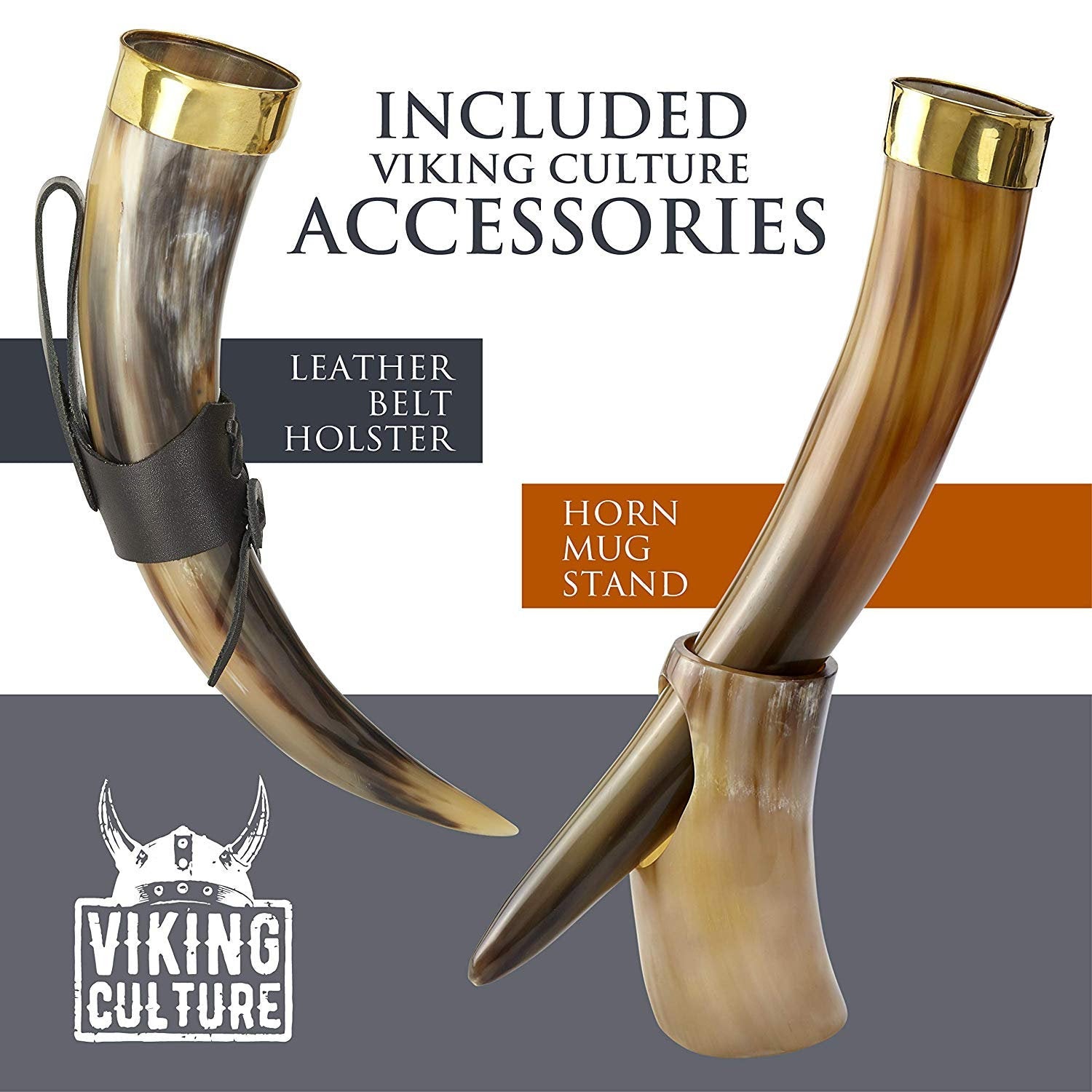 Viking Culture 16 oz. Viking Horn Mug with Beer Opener, Stand, Genuine Leather Belt Holster and Vintage Burlap Bag, Polished Finished