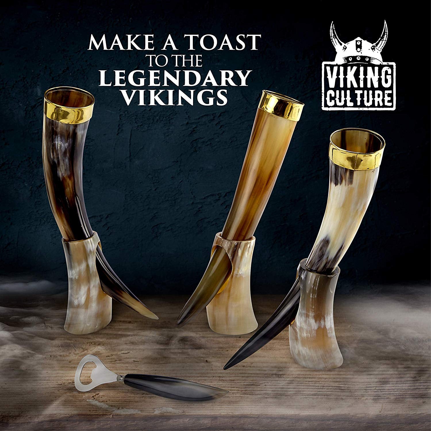 Viking Culture 16 oz. Viking Horn Mug with Beer Opener, Stand, Genuine Leather Belt Holster and Vintage Burlap Bag, Polished Finished