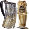 Viking Culture Ox Horn Mug, Shot Glass, and Bottle Opener (3 Pc. Set) 16-oz Vintage Stein with Handle | Polished Finish | Diagonal Stripes