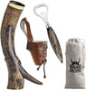 Viking Culture 16 oz. Viking Horn Mug with Beer Opener, Stand, Genuine Fur Belt Holster and Vintage Burlap Bag, Natural Finished