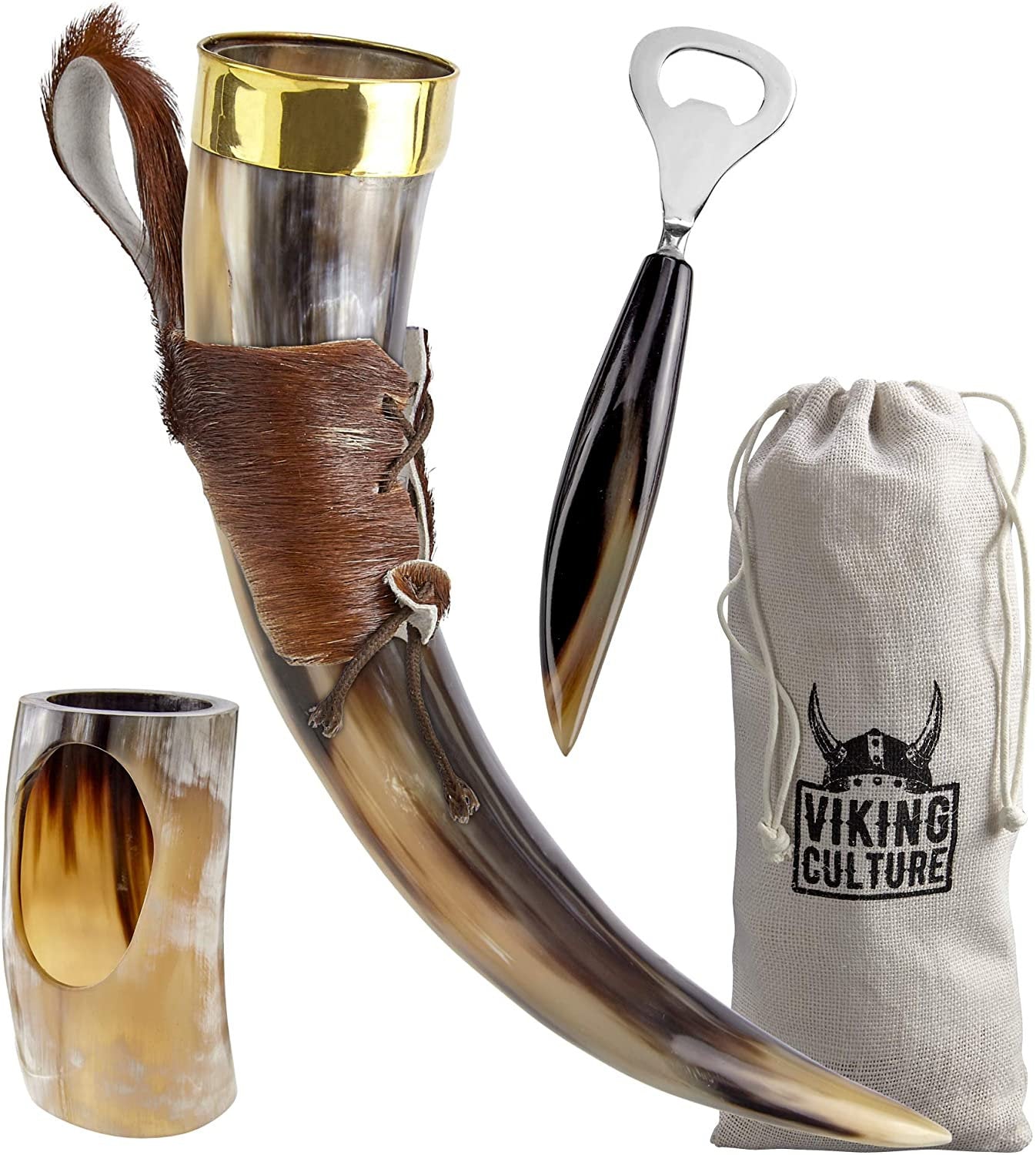 Viking Culture 16 oz. Viking Horn Mug with Beer Opener, Stand, Genuine Fur Belt Holster and Vintage Burlap Bag, Polished Finished