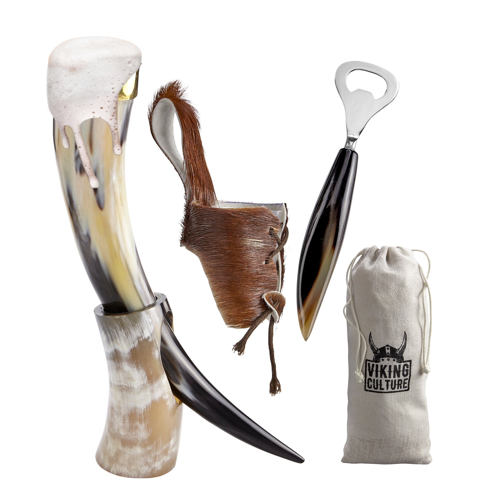 Viking Culture 16 oz. Viking Horn Mug with Beer Opener, Stand, Genuine Fur Belt Holster and Vintage Burlap Bag, Polished Finished