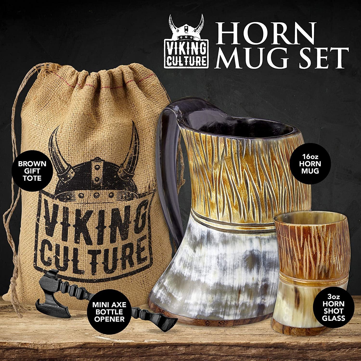Viking Culture Ox Horn Mug, Shot Glass, and Axe Bottle Opener (3 Pc. Set) 16-oz. Beer Tankard Custom Intricate Design | The Jarl