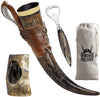 Viking Culture 16 oz. Viking Horn Mug with Beer Opener, Stand, Genuine Fur Belt Holster and Vintage Burlap Bag, Natural Finished