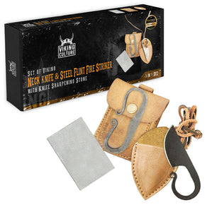 Viking Culture Fire Starter with Survival Knife and Sharpening Stone – 3Pcs Viking Set with 4” Celtic Pocket Knife – Genuine Leather Pocket for Safe Keeping – Premium Craftsmanship