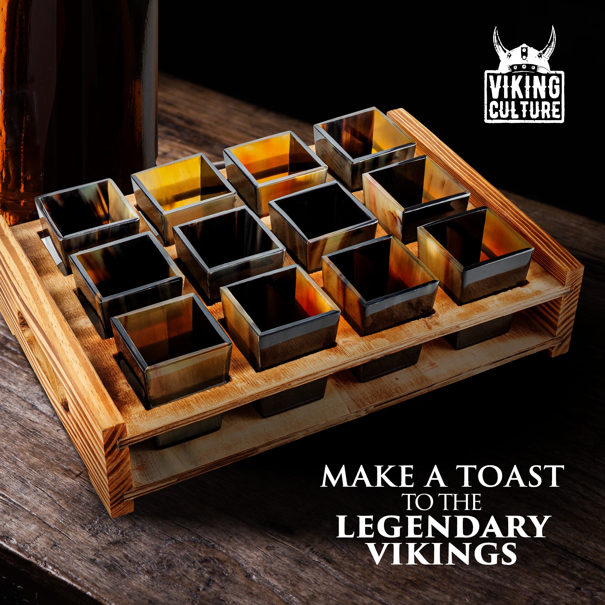 Viking Culture Horn Shot Glasses - Authentic Medieval and Nordic-Inspired Drinkware with Wooden Serving and Storage Tray - Handmade Drinking Set - Perfect for Parties, Collection and Gift - 12-Pack