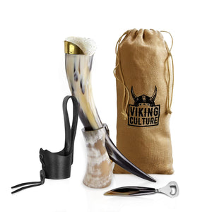 Viking Culture 16 oz. Viking Horn Mug with Beer Opener, Stand, Genuine Leather Belt Holster and Vintage Burlap Bag, Polished Finished