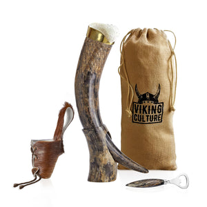 Viking Culture 16 oz. Viking Horn Mug with Beer Opener, Stand, Genuine Fur Belt Holster and Vintage Burlap Bag, Natural Finished