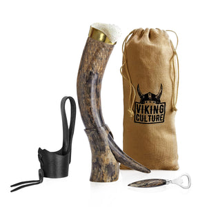 Viking Culture 16 oz. Viking Horn Mug with Beer Opener, Stand, Genuine Leather Belt Holster and Vintage Burlap Bag, Natural Finished