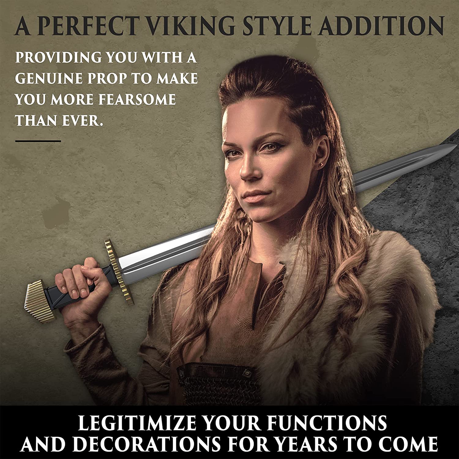 Viking Culture Blade for Cosplay - for LARP Play & Medieval Reenactments Vikings Age Middle Ages Arming - Black Wrapped Wood Single Handed Handle & Leather Belt Scabbard Sheath