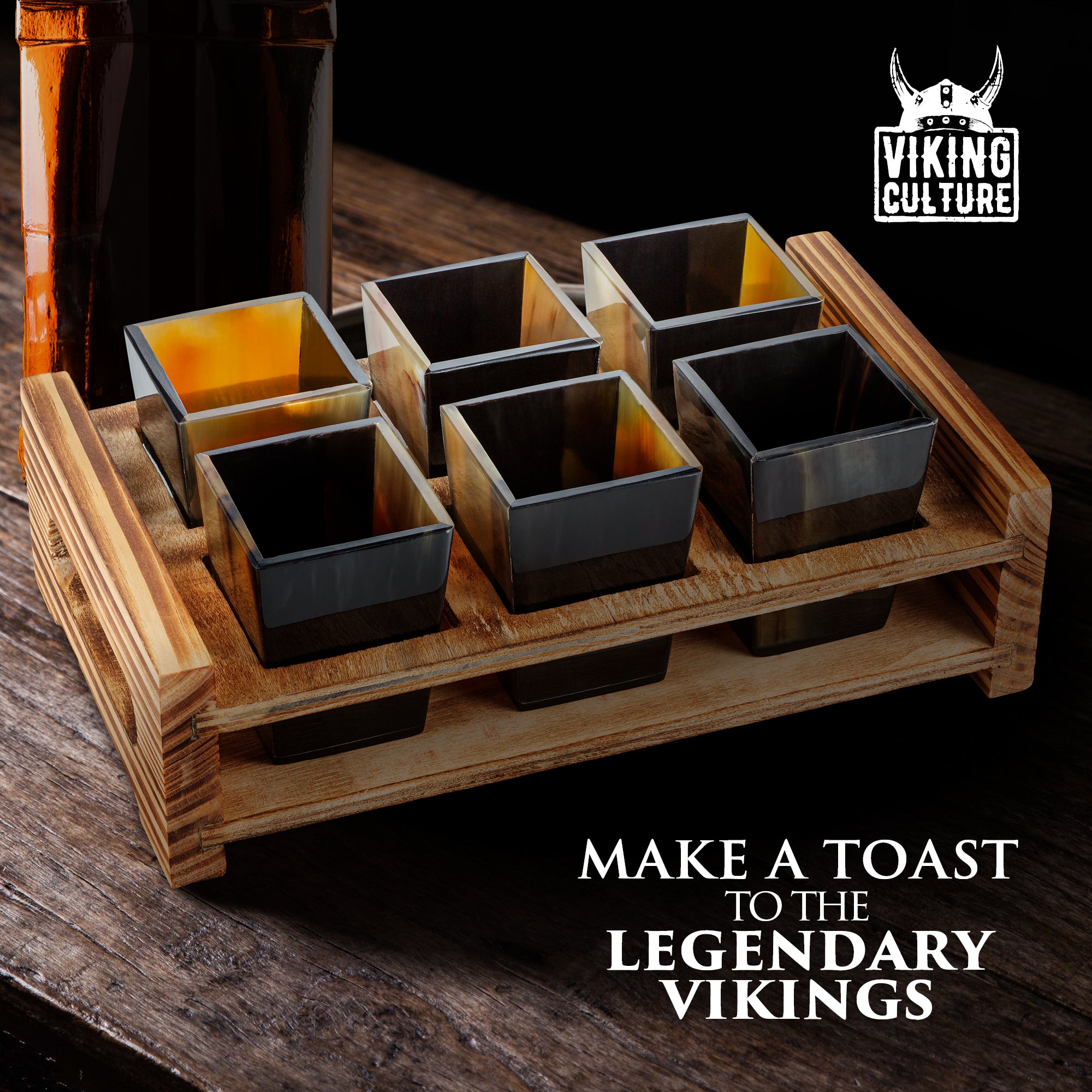 Viking Culture Horn Shot Glasses - Authentic Medieval and Nordic-Inspired Drinkware with Wooden Serving and Storage Tray - Handmade Drinking Set - Perfect for Parties, Collection and Gift - 6-Pack