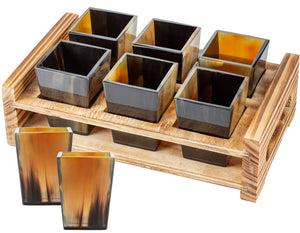Viking Culture Horn Shot Glasses - Authentic Medieval and Nordic-Inspired Drinkware with Wooden Serving and Storage Tray - Handmade Drinking Set - Perfect for Parties, Collection and Gift - 6-Pack