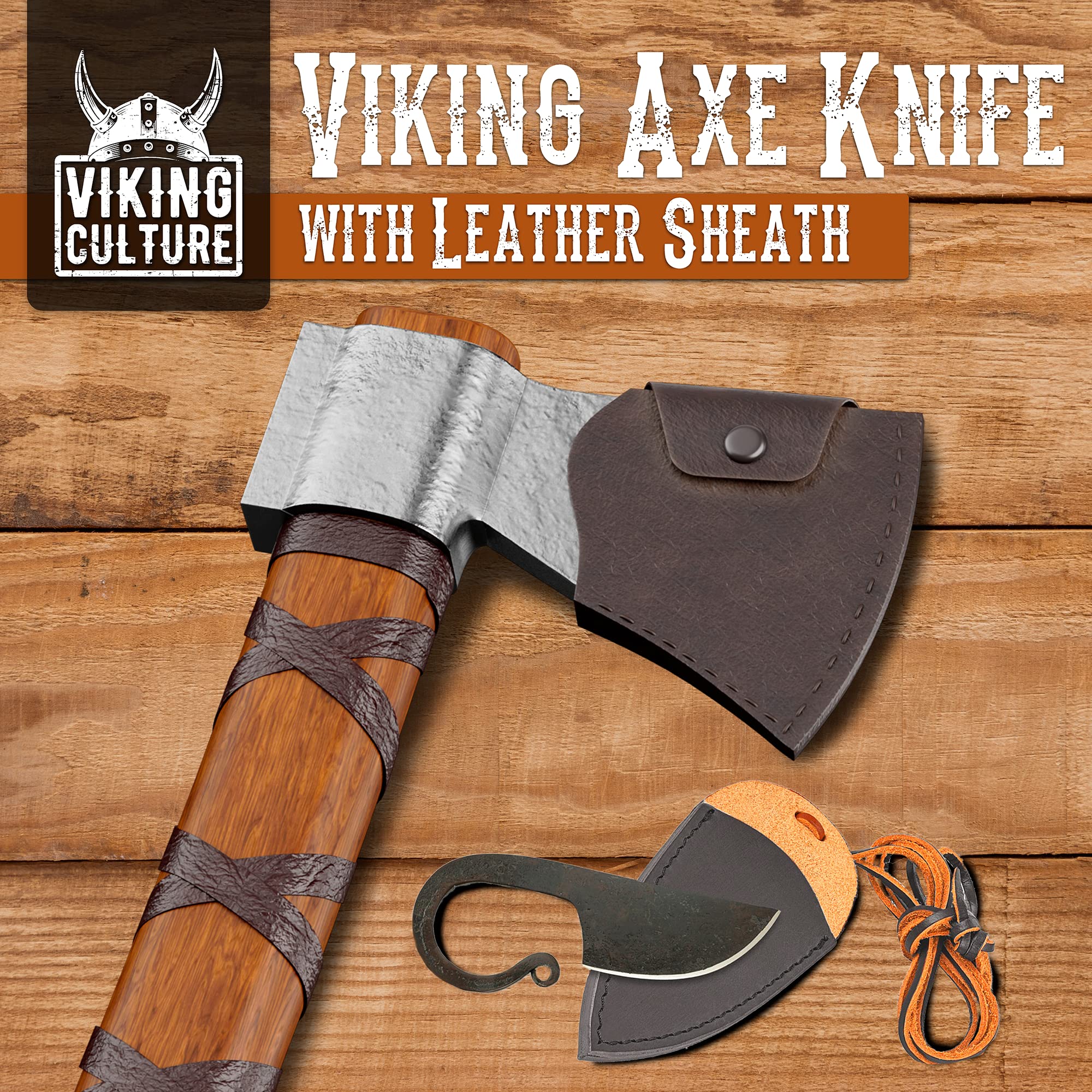 Viking Throwing Axe with Leather Sheath, Battle Hatchet, 14" Viking Axe, Real Viking Axe Weapon with Celtic Ring Knife Set, Viking Weapons for Survival or Target Throwing, Rustic & Dependable Weapons