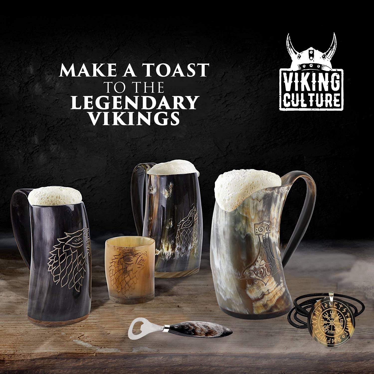 Viking Culture Ox Horn Mug, Norse Pendant, and Bottle Opener (3 Pc. Set) Authentic 32-oz. Ale, Mead, and Beer Tankard | Vintage Stein with Handle | - Natural Finish | Without Design