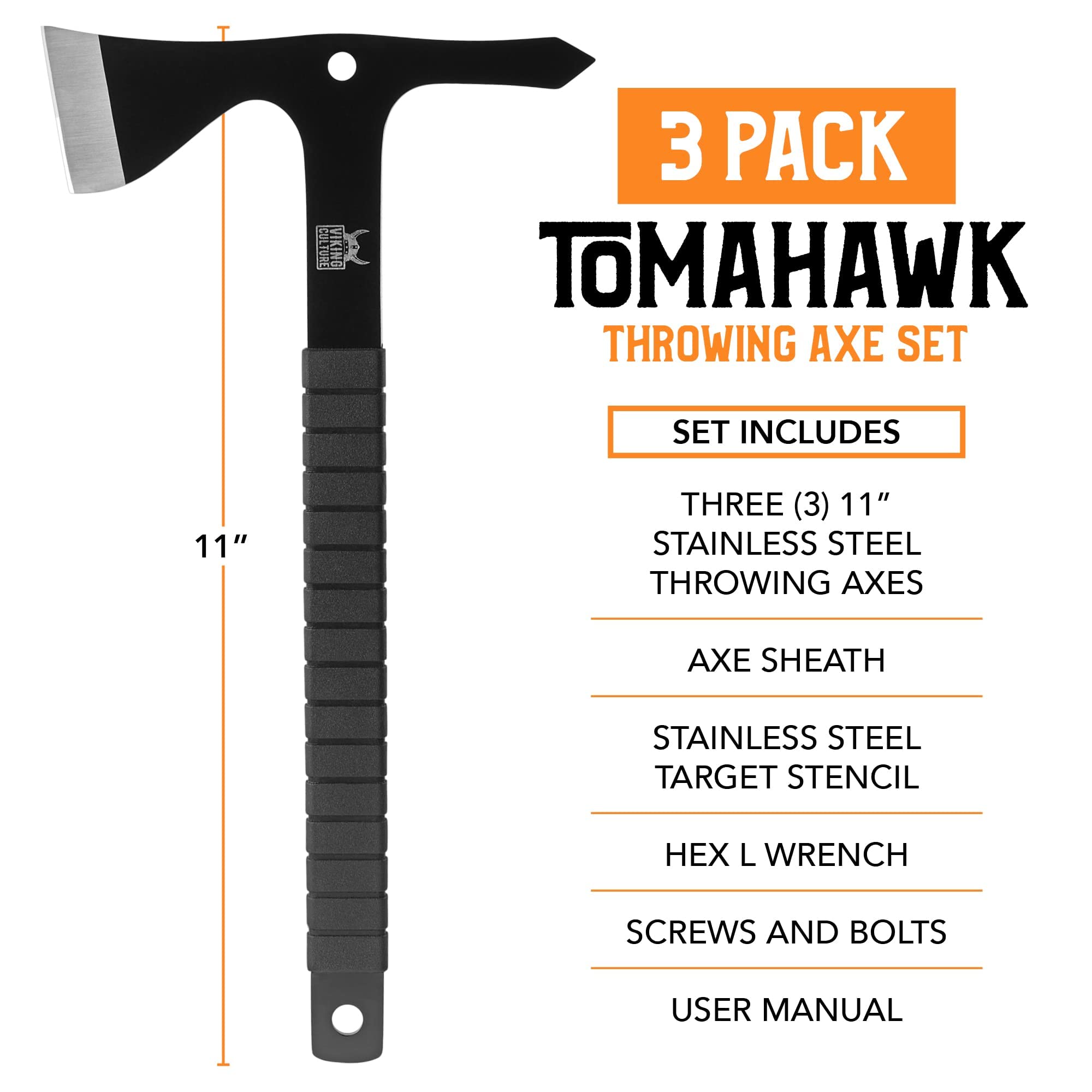 Tomahawk Throwing Axe - Set of 3 Throwing Axes and Tomahawks with Tactical Hatchet Sheath and Target Stencil - 11.1" Full Tang Metal Throwing Tomahawk, Axe Throwing Game