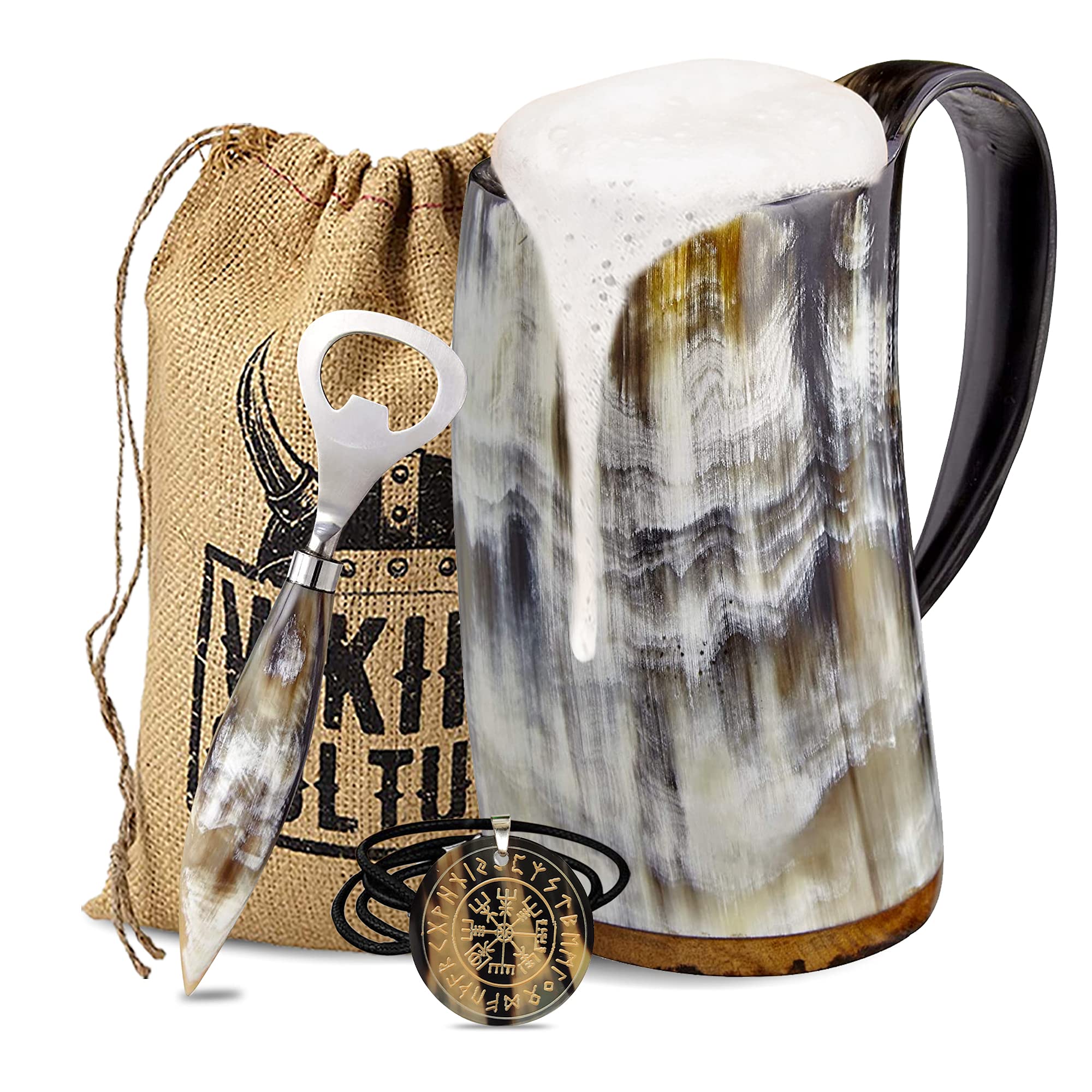 Viking Culture Ox Horn Mug, Norse Pendant, and Bottle Opener (3 Pc. Set) Authentic 32-oz. Ale, Mead, and Beer Tankard | Vintage Stein with Handle | - Polished Finish | Without Design
