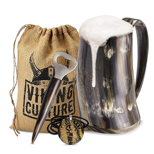 Viking Culture Ox Horn Mug, Norse Pendant, and Bottle Opener (3 Pc. Set) Authentic 32-oz. Ale, Mead, and Beer Tankard | Vintage Stein with Handle | - Polished Finish | Wolf/Fenrir