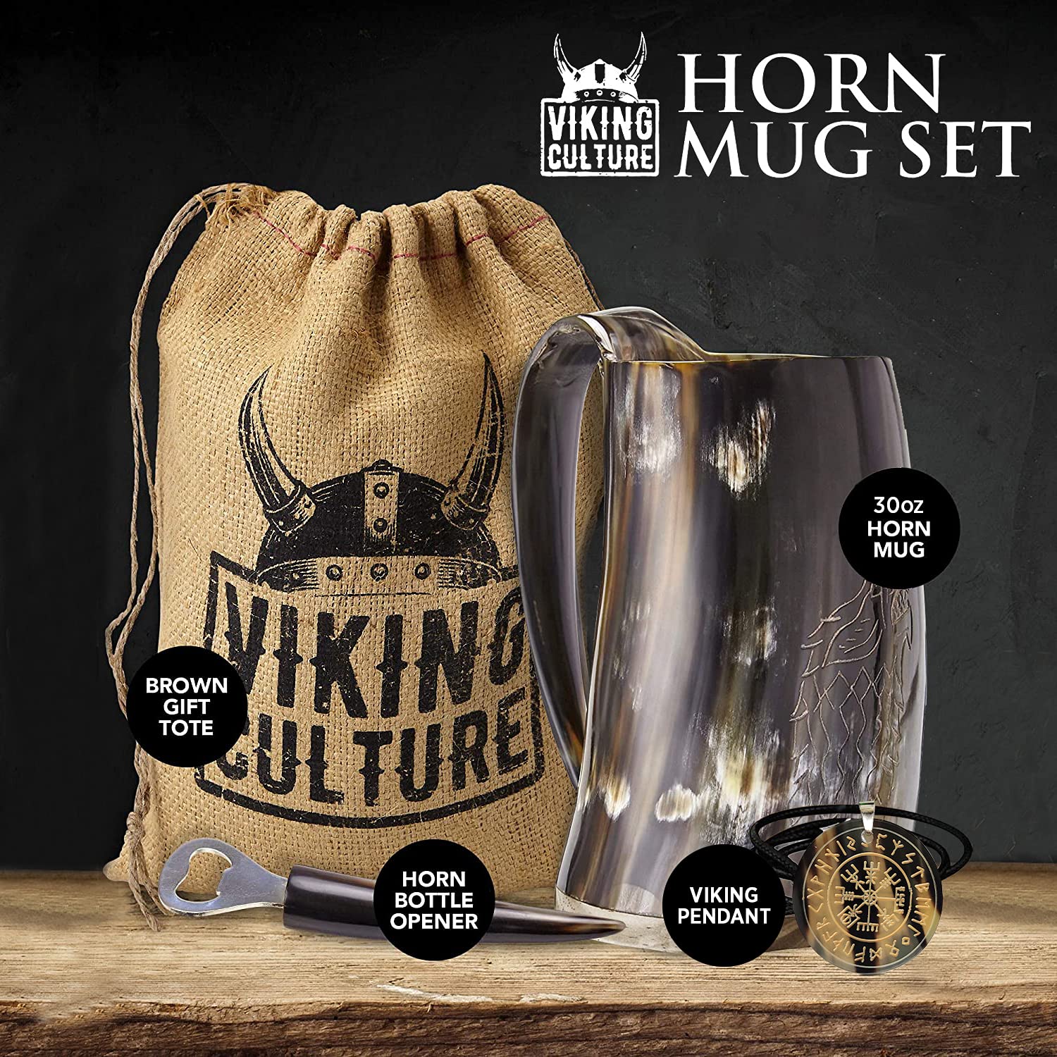 Viking Culture Ox Horn Mug, Norse Pendant, and Bottle Opener (3 Pc. Set) Authentic 32-oz. Ale, Mead, and Beer Tankard | Vintage Stein with Handle | - Natural Finish | Thors Hammer