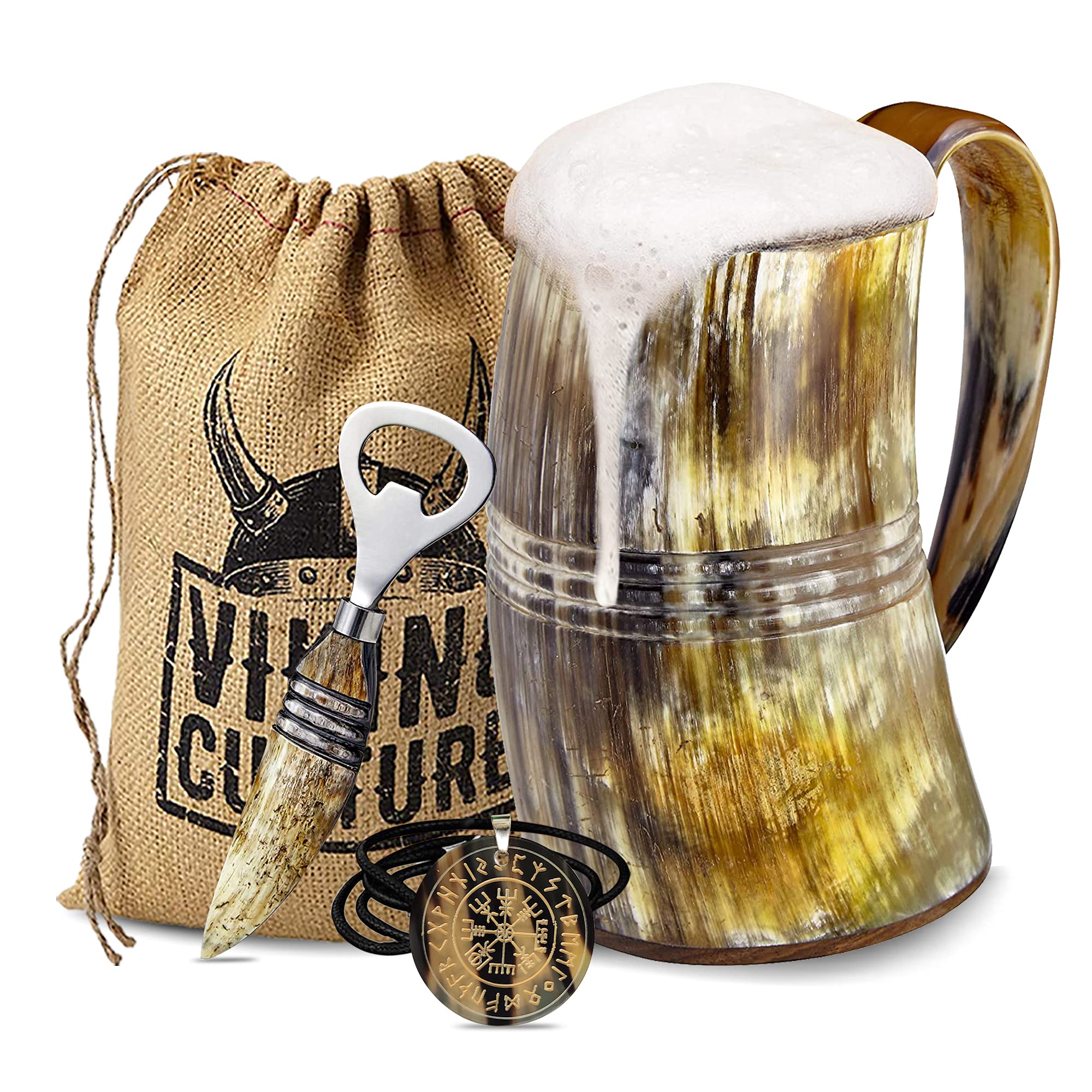 Viking Culture Ox Horn Mug, Norse Pendant, and Bottle Opener (3 Pc