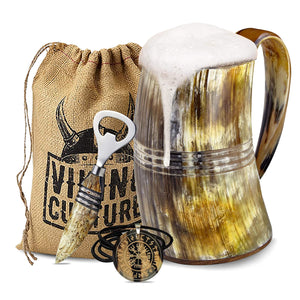 Viking Culture Ox Horn Mug, Norse Pendant, and Bottle Opener (3 Pc. Set) Authentic 32-oz. Ale, Mead, and Beer Tankard | Vintage Stein with Handle | - Natural Finish | The Ring