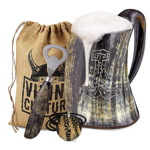 Viking Culture Ox Horn Mug, Norse Pendant, and Bottle Opener (3 Pc. Set) Authentic 32-oz. Ale, Mead, and Beer Tankard | Vintage Stein with Handle | - Natural Finish | Thors Hammer