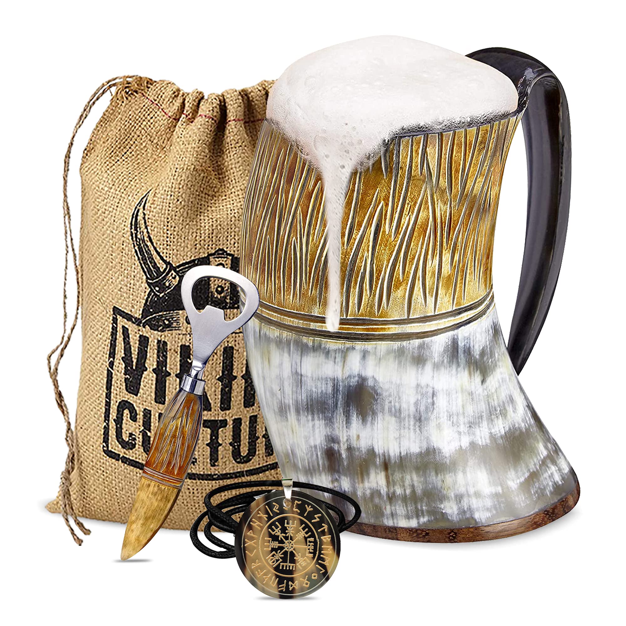 Viking Culture Ox Horn Mug, Norse Pendant, and Bottle Opener (3 Pc. Set) Authentic 32-oz. Ale, Mead, and Beer Tankard | Vintage Stein with Handle | - Natural Finish | The Jarl
