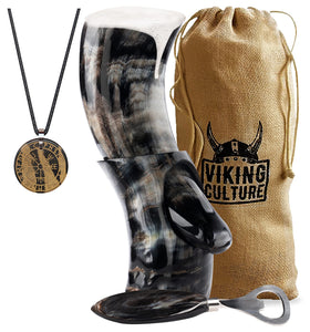 Viking Culture 12 oz. Viking Drinking Horn with Beer Opener, Stand, Viking Pendant and Vintage Burlap Bag, Polished Finished with Authentic Medieval Norse Style