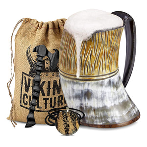 Viking Culture Ox Horn Mug, Norse Pendant, and Axe Bottle Opener (3 Pc. Set) Authentic 32-oz. Ale, Mead, and Beer Tankard | Vintage Stein with Handle | - Natural Finish | The Jarl