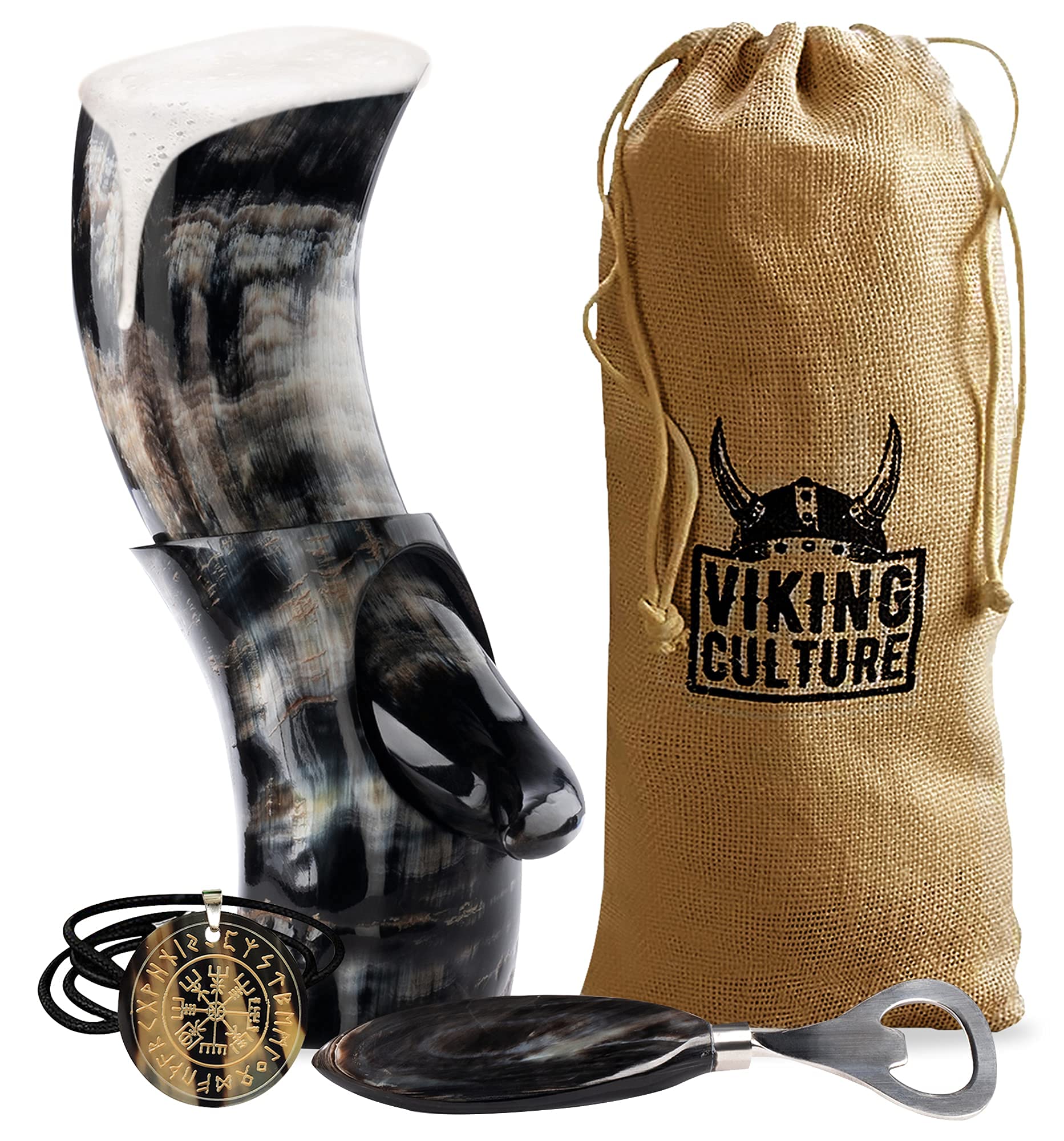 Viking Culture 12 oz. Viking Drinking Horn with Beer Opener, Stand, Viking Pendant and Vintage Burlap Bag, Polished Finished with Authentic Medieval Norse Style