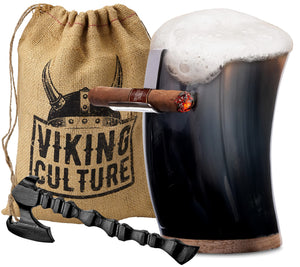 Viking Culture Horn Mead Cup - Nordic Inspired Drinking Vessel | Handmade Goblet for Wine Beer Ale - Safe and Unique Drink Tumbler Gift with Axe Bottle Opener, Cigar Holder and Burlap Bag