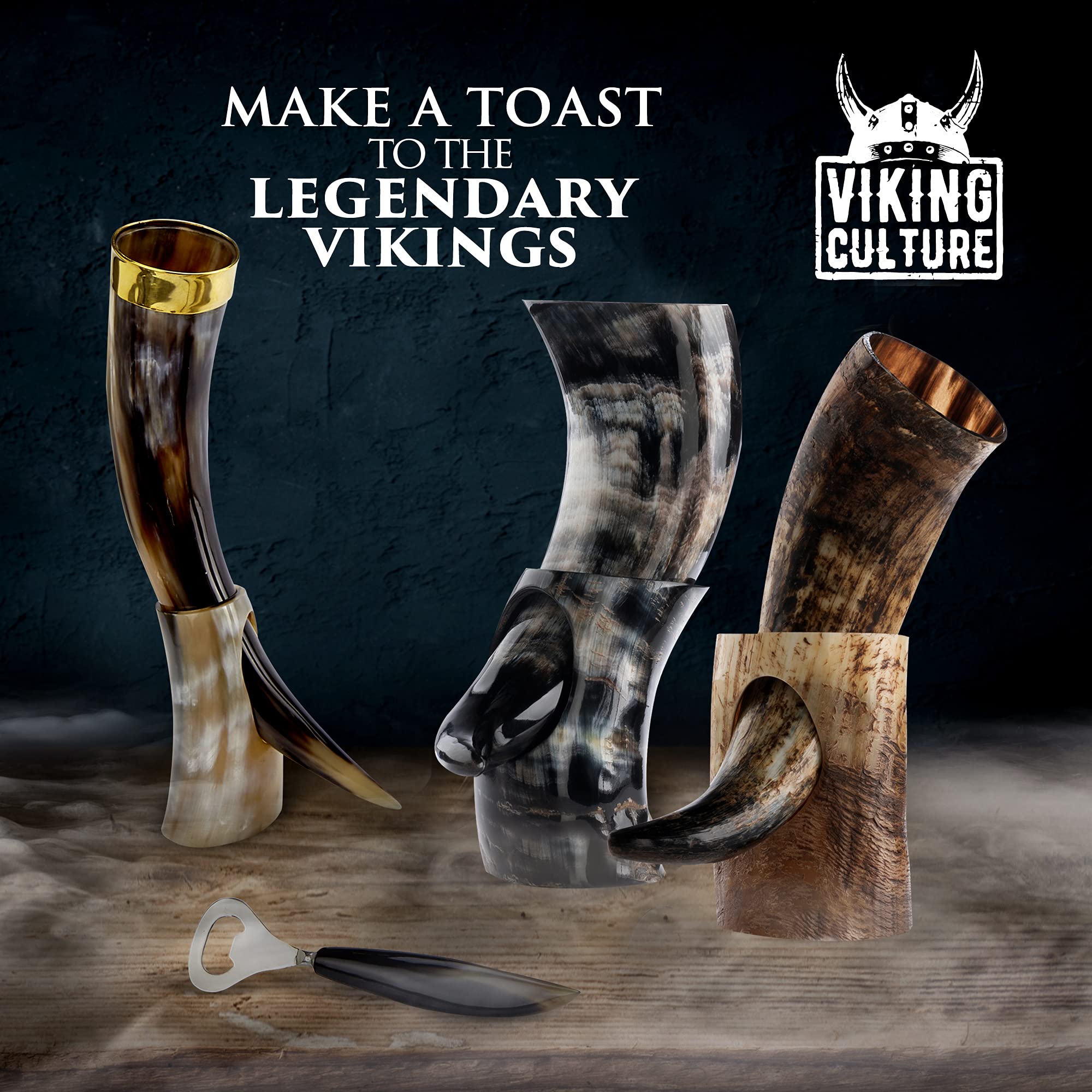 Viking Culture 12 oz. Viking Drinking Horn with Beer Opener, Stand, Viking Pendant and Vintage Burlap Bag, Polished Finished with Authentic Medieval Norse Style