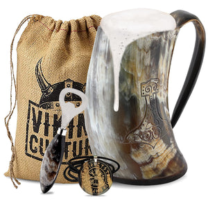Viking Culture Ox Horn Mug, Norse Pendant, and Bottle Opener (3 Pc. Set) Authentic 32-oz. Ale, Mead, and Beer Tankard | Vintage Stein with Handle | - Polished Finish | Thors Hammer