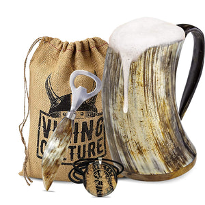 Viking Culture Ox Horn Mug, Norse Pendant, and Bottle Opener (3 Pc. Set) Authentic 32-oz. Ale, Mead, and Beer Tankard | Vintage Stein with Handle | - Natural Finish | Without Design
