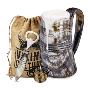 Viking Culture Ox Horn Mug, Norse Pendant, and Bottle Opener (3 Pc. Set) Authentic 32-oz. Ale, Mead, and Beer Tankard | Vintage Stein with Handle | - Polished Finish | The Ring