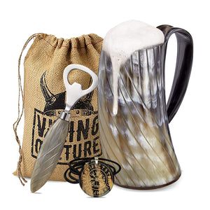 Viking Culture Ox Horn Mug, Norse Pendant, and Bottle Opener (3 Pc. Set) Authentic 32-oz. Ale, Mead, and Beer Tankard | Vintage Stein with Handle | - Polished Finish | Diagonal Stripes